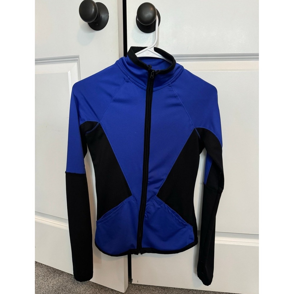 Love Culture Women Blue Black Colorblock Athletic Zip Up Jacket Thumbholes XS S